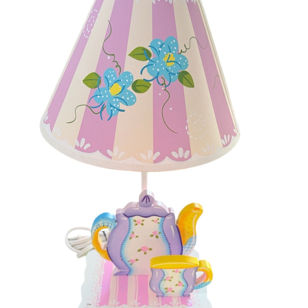 Floral Teapot Table Lamp with Pink and Blue Accents